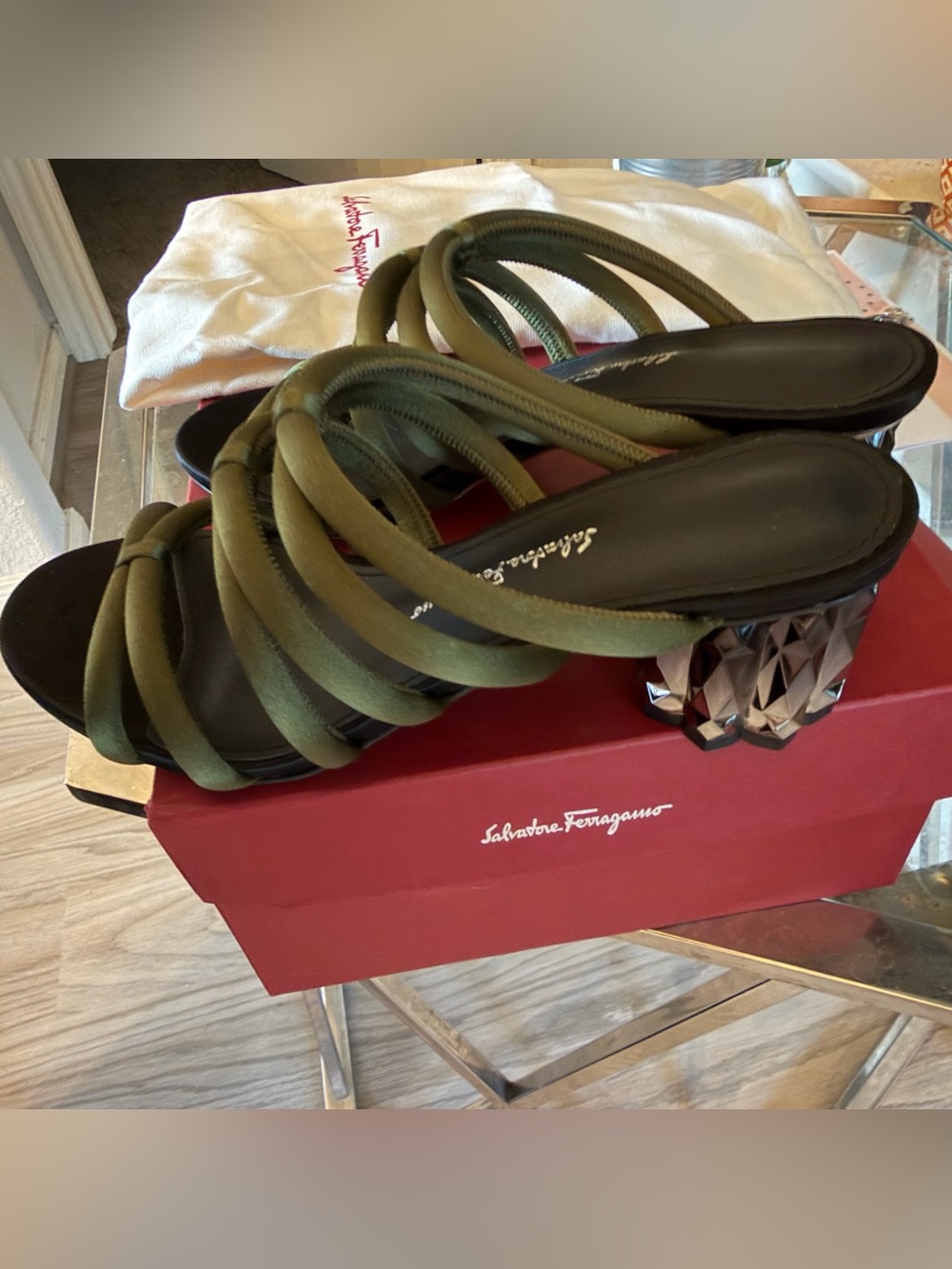 Salvatore Ferragamo Olive Strappy Block Heel Sandals